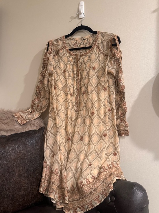 Dresses & Skirts - Boho Embroidered Cold-Shoulder Tunic Dress - Beige & Rust